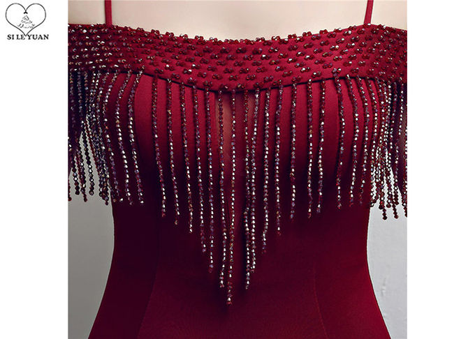 Sling Sexy Burgundy Mermaid Style Prom Dress Off Shoulder Short Sleeve Tassels