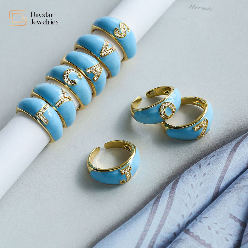 Colorful Enamel Diamond Letter Rings , Alphabet Zircon Gold Plated Chunky Rings