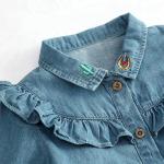 100% Cotton Children Slim Fit Long Ruffles Sleeve Denim Tops With Wood Button