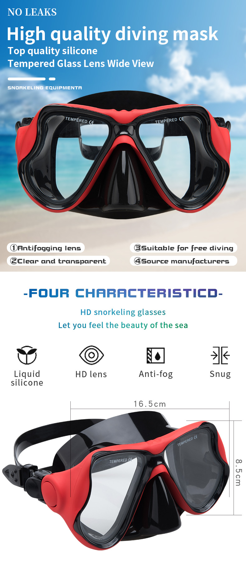 Customized Logo Black Diving Mask Set with Tempered Glass Lens and Silicone Strap Snorkel Mask Set