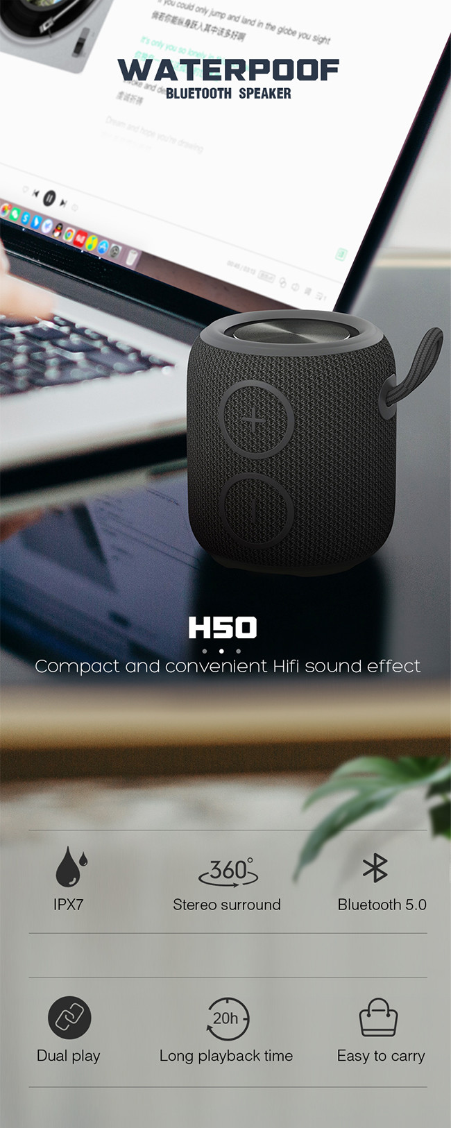 Ozzie H50 Wireless Waterproof Speaker Portable Size With 20H Play Time