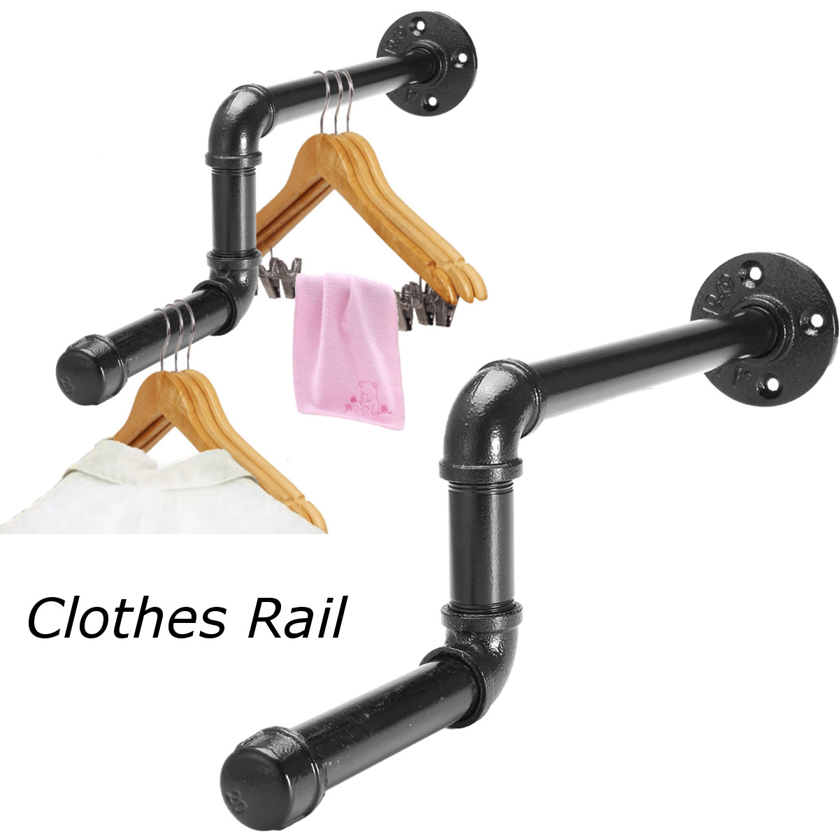 Black Industrial Iron Pipe Wall Mounted Clothes Rail Coat Towel Storage Vintage Rack Cloth Hanger Shelf
