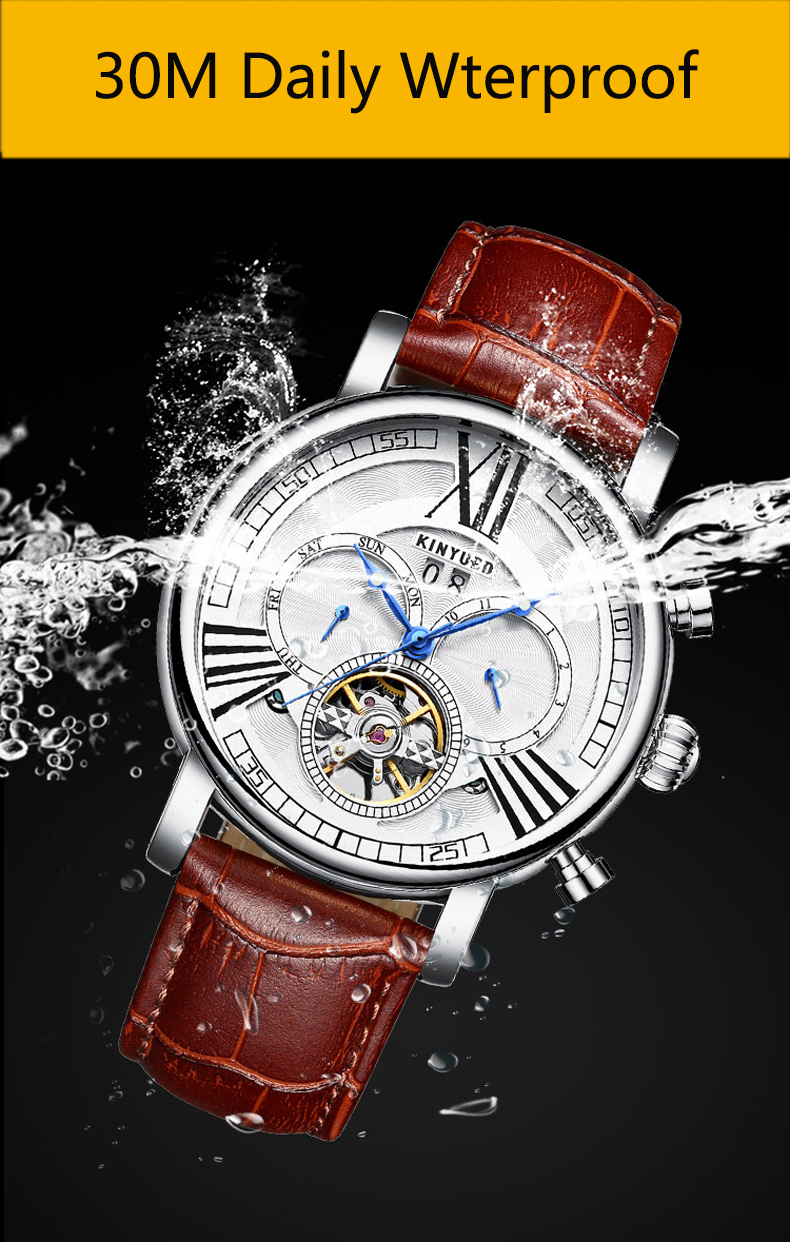 Brown Genuine Leather Luxury White Dial Automatic Movement Mens Waterproof Automatic Mechanical Watch