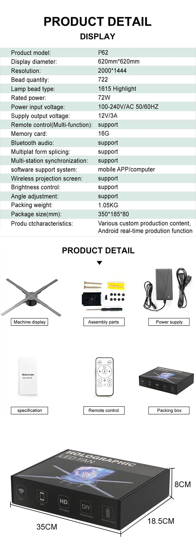 Wide Viewing Angle 62cm Hologram Screen Fan for MP4/AVI/RMVB/GIF/JEPG/PNG/MKV Display