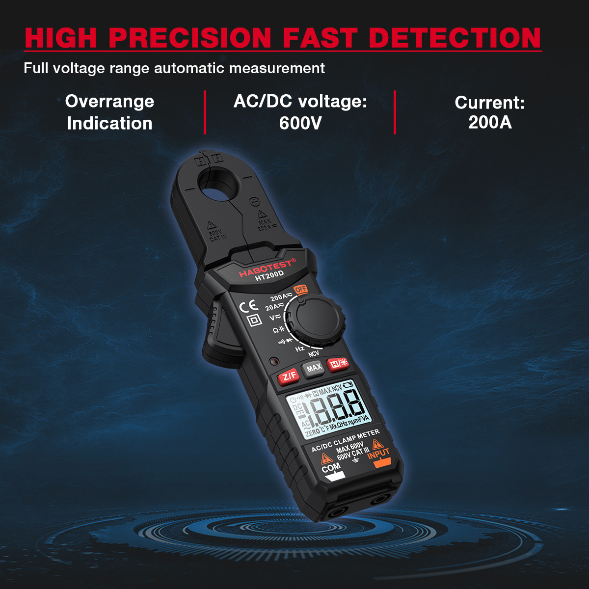 HT200D Clamp Meter DC/AC Current Voltage Digital Clamp Meter Measure Frequency Of Resistance Capacitance NCV Test