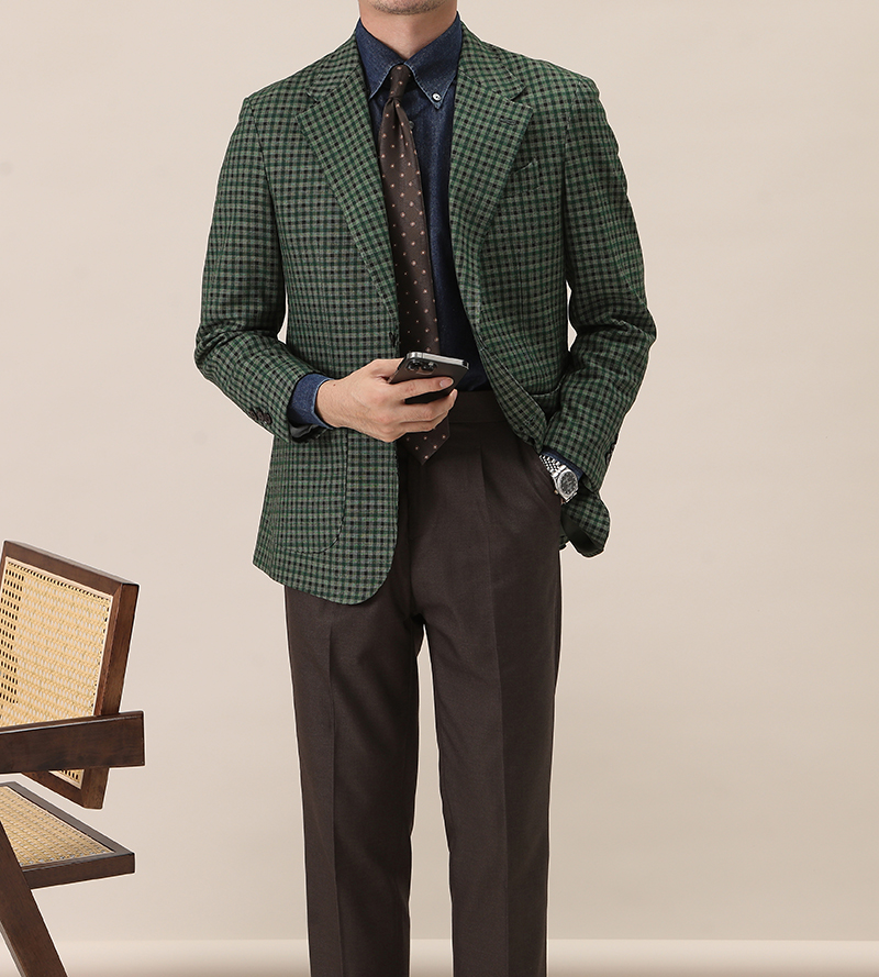 Polyester/Rayon Fabric Men's Suit Retro Single Breasted No Ironing Needed Green Plaid