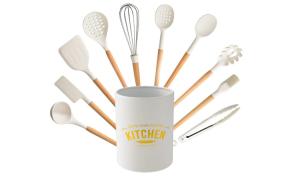 China 11 Pieces heat resistant Silicone Kitchen Utensil Sets With Holder,Wooden Handle wholesale