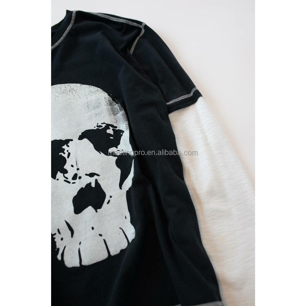Hip Hop Style Custom Double Layer Long Sleeve T Shirt Double Shaded Shirts With Printed Skull Graphic