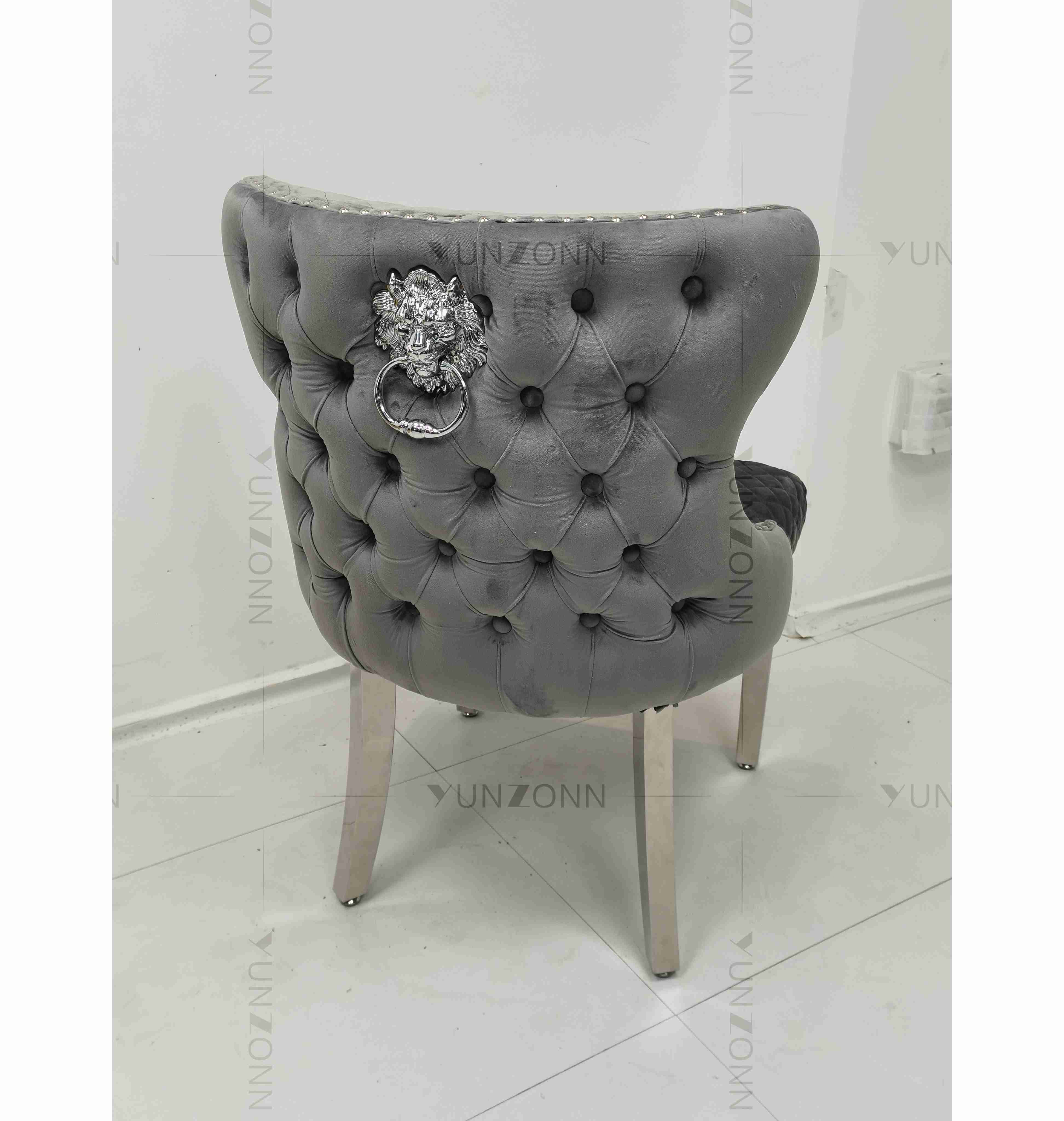 Gray Power Lion Buttoned Back Dining Chair Padded Dining Room Chairs Silver Stainless Steel Legs