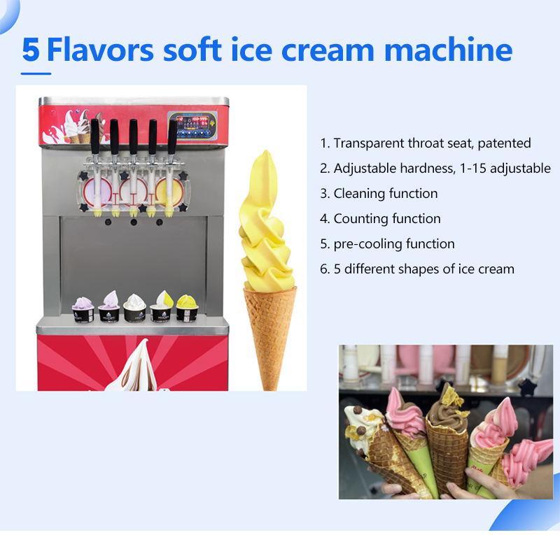 High Capacity Soft Serve Icecream Machine 5 Flavors Automatic Ice Cream Maker for Business Material Cylinder Capacity 7LX3 1.8LX3