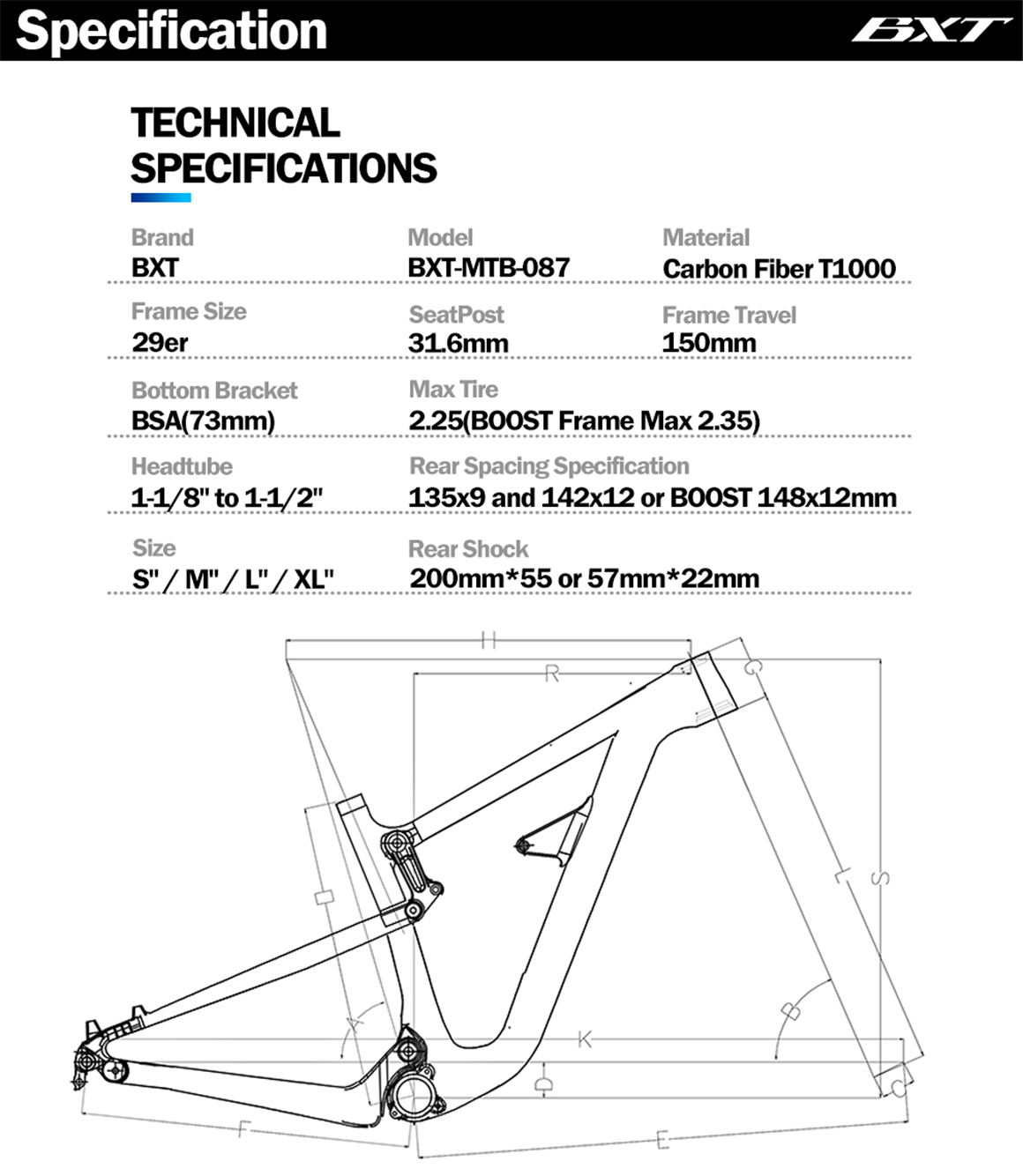 Suspension Carbon Hardtail Mountain Bike Frame MTB 29er Boost Hardtail Frame Travel 150mm
