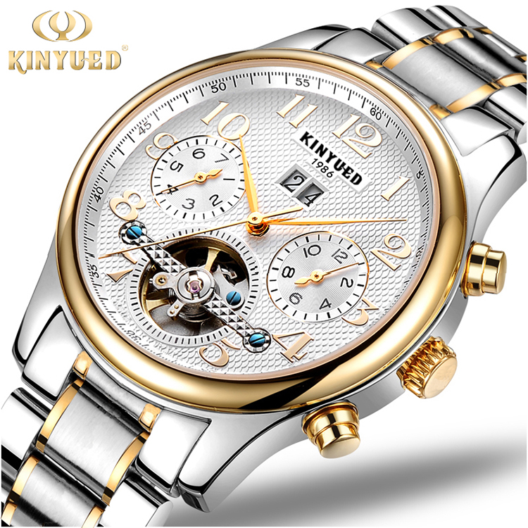 KINYUED stainless steel automatic mechanical watch for men skeleton water resistant watch