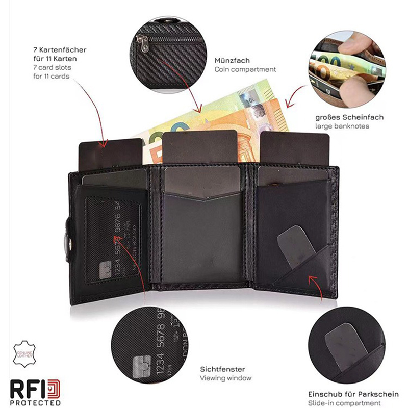 PU Custom Trifold Leather Wallet RFID Blocking Men's Card holder Business Credit Carbon Fiber Wallet For Cards