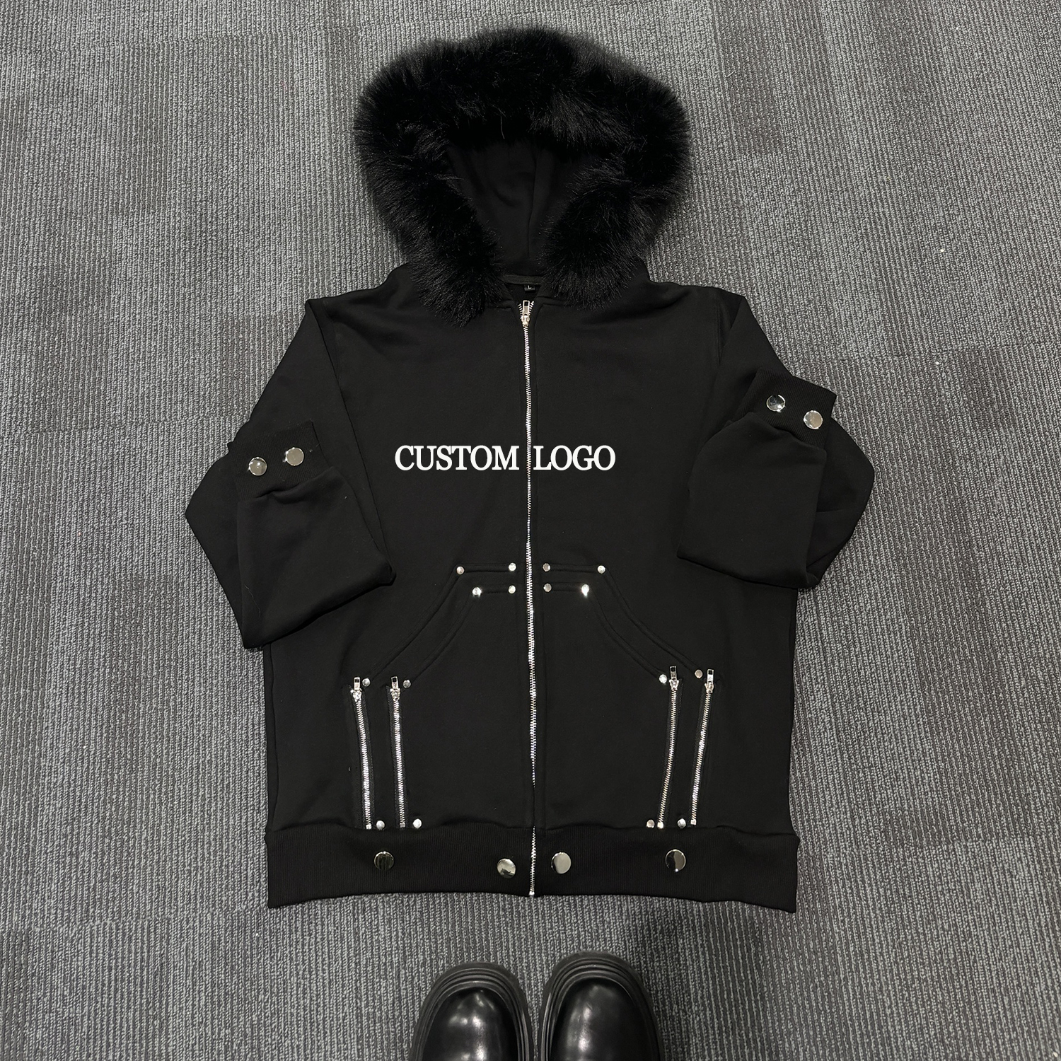 Custom Winter Fleece 100% Cotton Thick Blank Faux Fur Zipper Hoodie with Fur Hood
