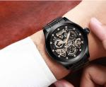 KINYUED oem waterproof custom logo leather fashion tourbillon skeleton wrist
