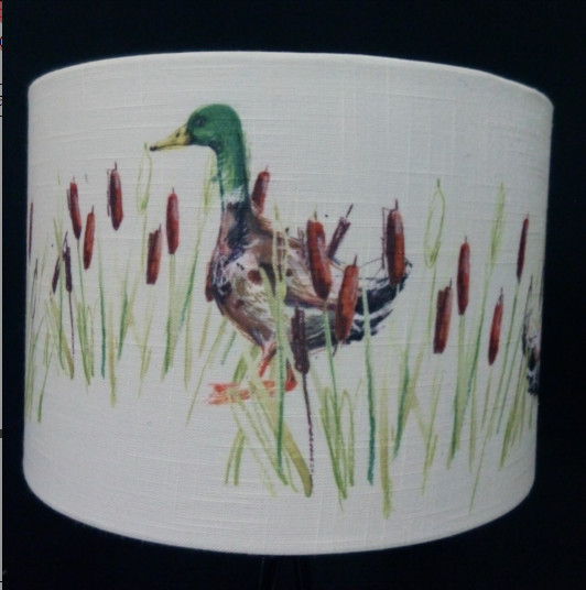 Archaistic Bird Print Lamp Shade Drum Design On Faux Linen