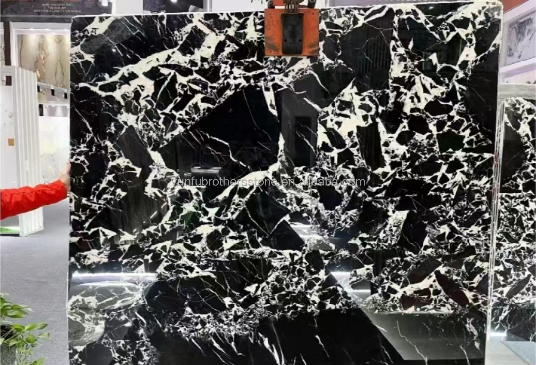 Polished Napoleno Black Marble Glossy Stone for Hotel Villa Long Wall Panel Floor Tile