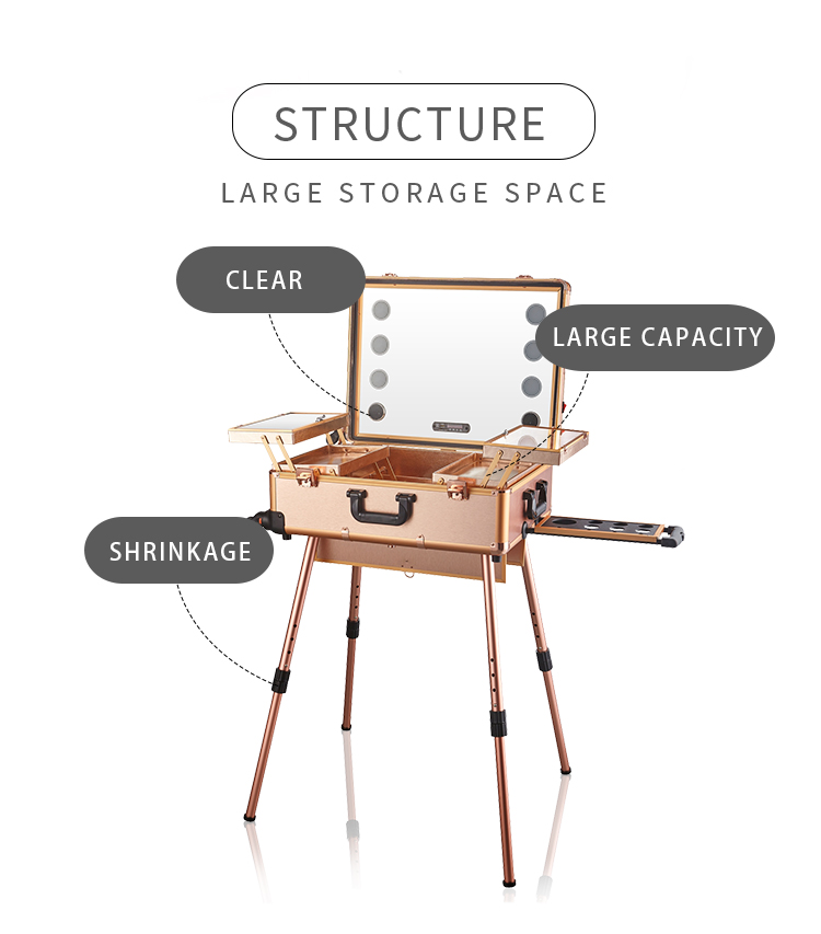 Beautiful Rolling Makeup Case With Lighted Mirror , Makeup Trolley With Mirror