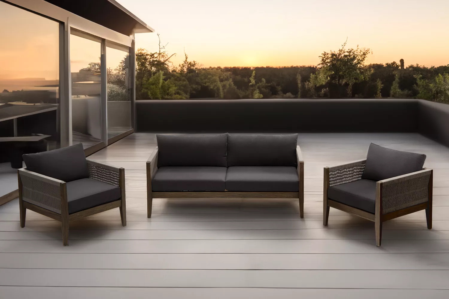 Garden Set AJUNION Luxury Teak Wood Outdoor Furniture Lounge Set Modern Polyester Rope Patio Set