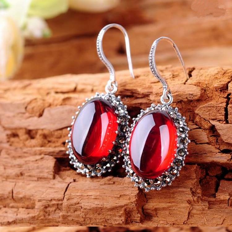 Vintage Sterling Silver Oval Red Cubic Zirconia Dangle Earrings (E12034)