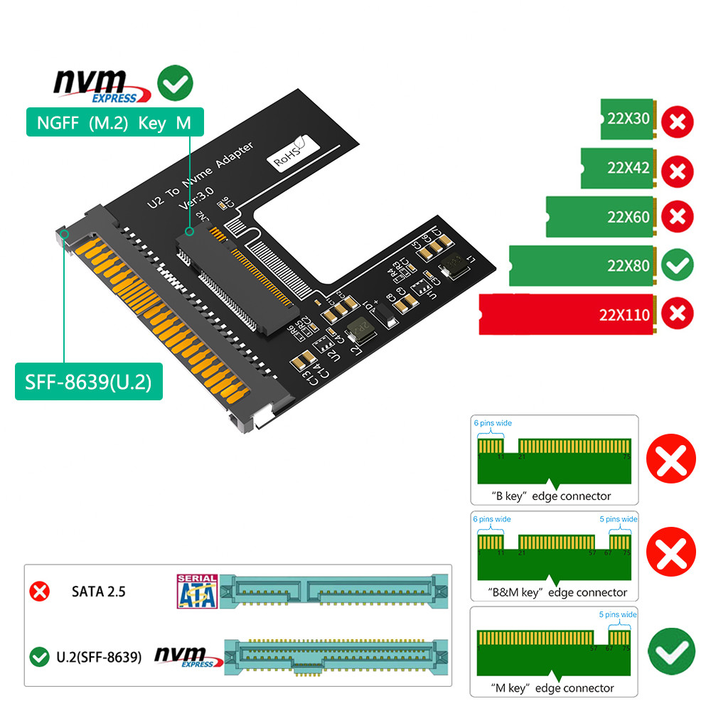 New Version M.2(NGFF) NVMe SSD to U.2 (SFF-8639) 2.5" SSD Adapter , Convert M.2 NVMe SSD to U.2 not for SATA, Black