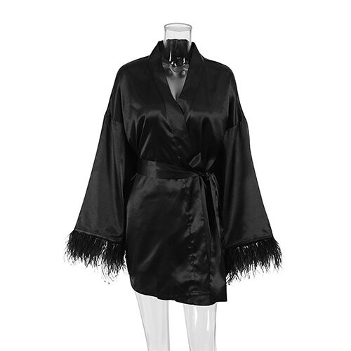OEM maufactory Autumn Pajamas Sexy Bath Long Sleeved Feathers Satin Robe Pure Color French Leisure