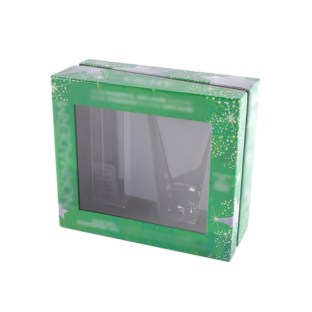 ISO9001 Green Cosmetic Gift Boxes Clear Window With Hypotenuse Lip