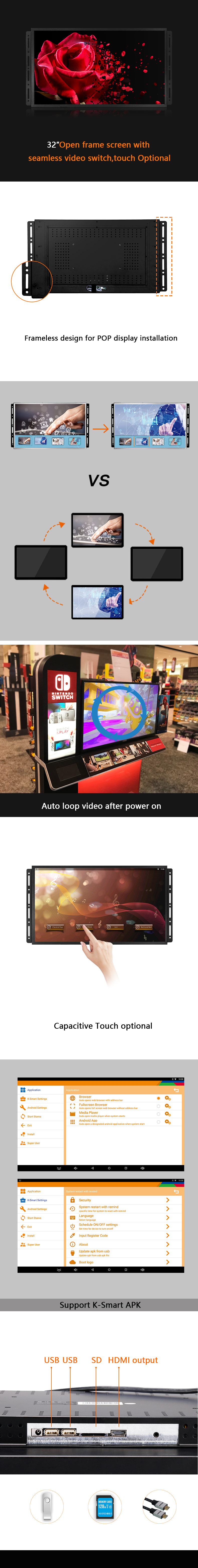 1920x1080 32 Inch LCD Advertising Player 178 Viewing Angle For Restaurant Bar