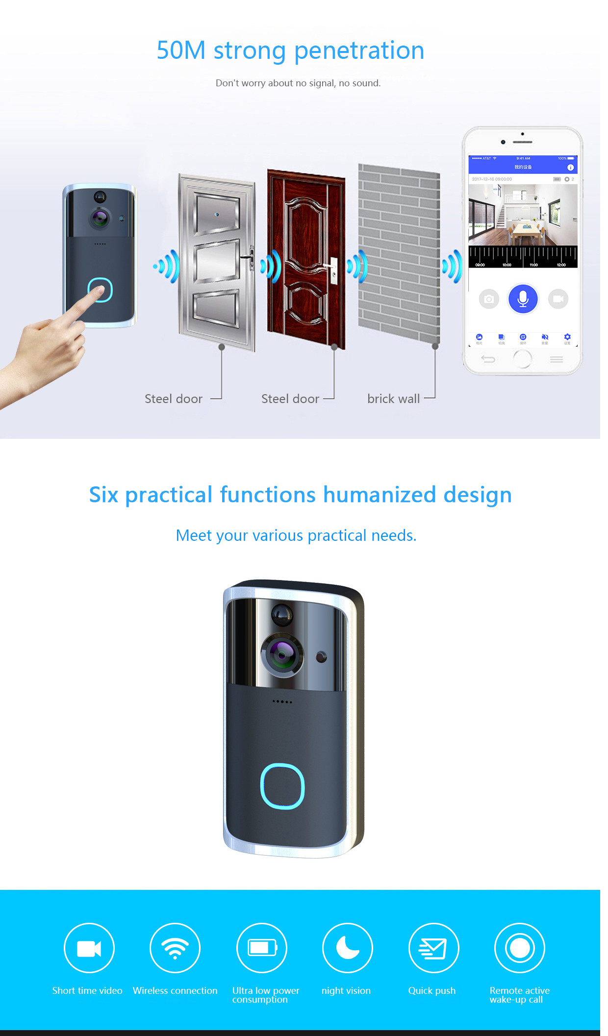 HFSecurity RD09 Wide Angel WIFI VIsua Real Time Two Way Audiol Door Bell