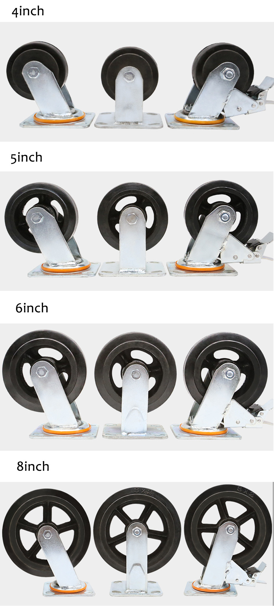 4 5 6 8inch Heavy Duty Scaffold Black Rubber Iron Steel Core Swivel Caster Wheel