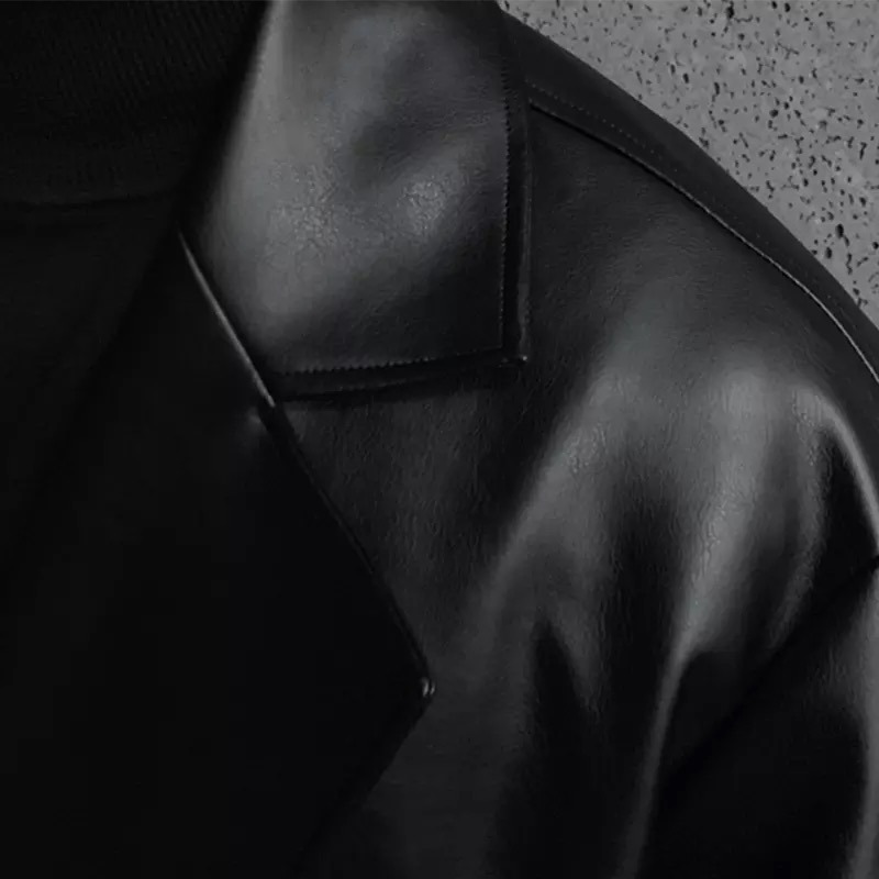 Csutom Men Leather Long Black Hip Hop Double Breasted Trench Coat