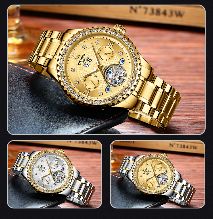 KINYUED Luxury Brand Watches Chronograph Men Sports Stainless Steel Waterproof Mechanical Watch