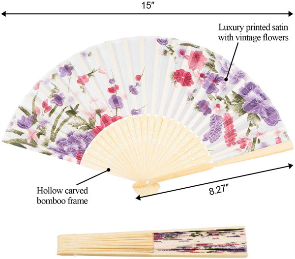 Small Foldable Festival Manual Colorful Fabric Bamboo Hand Fan With Assorted Flower Pattern