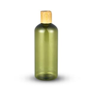 China Hot selling 300ml PET amber green lotion shampoo bottle with bamboo cap wholesale
