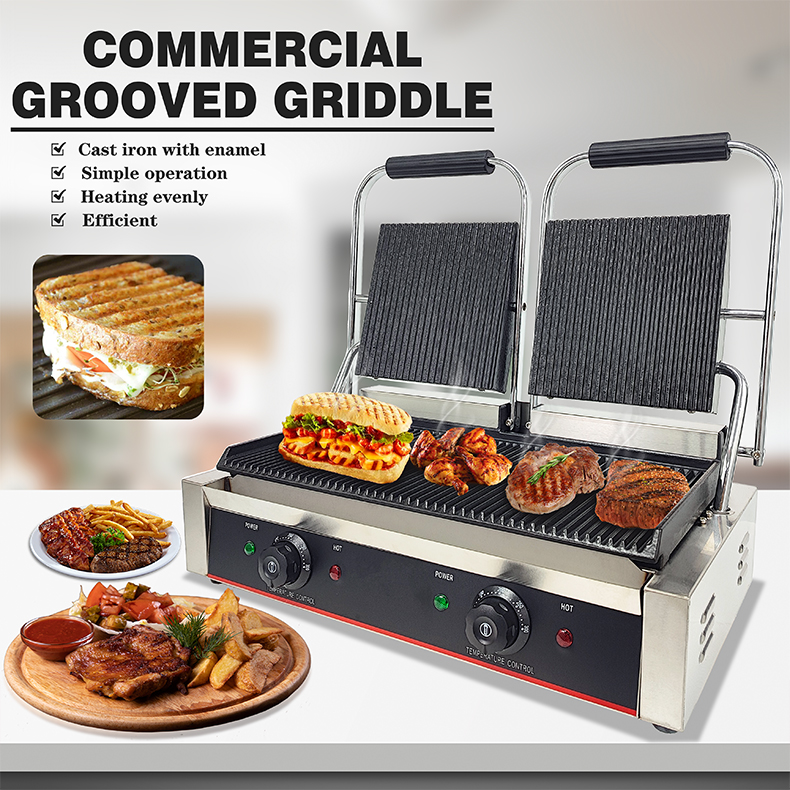 Commercial Full Grooved Electric Grill with Non-stick Cast Iron Panini Burger Press