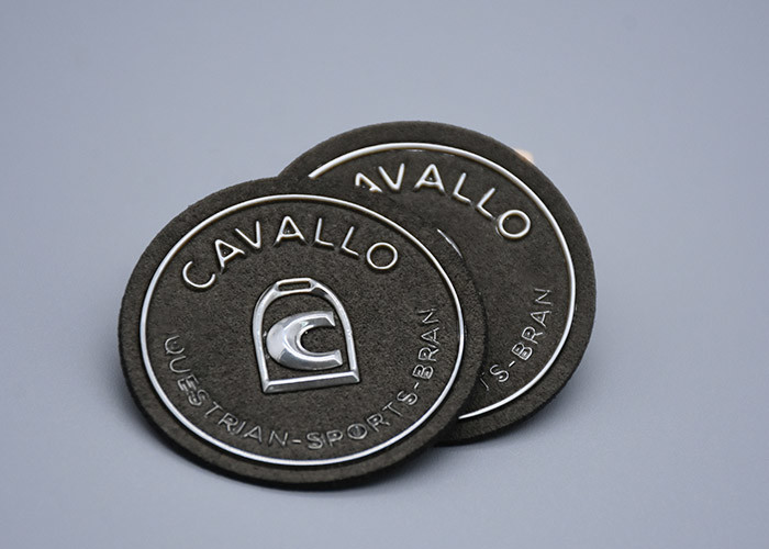 Microfiber Material Embossed Patches With Custom Silver Logo