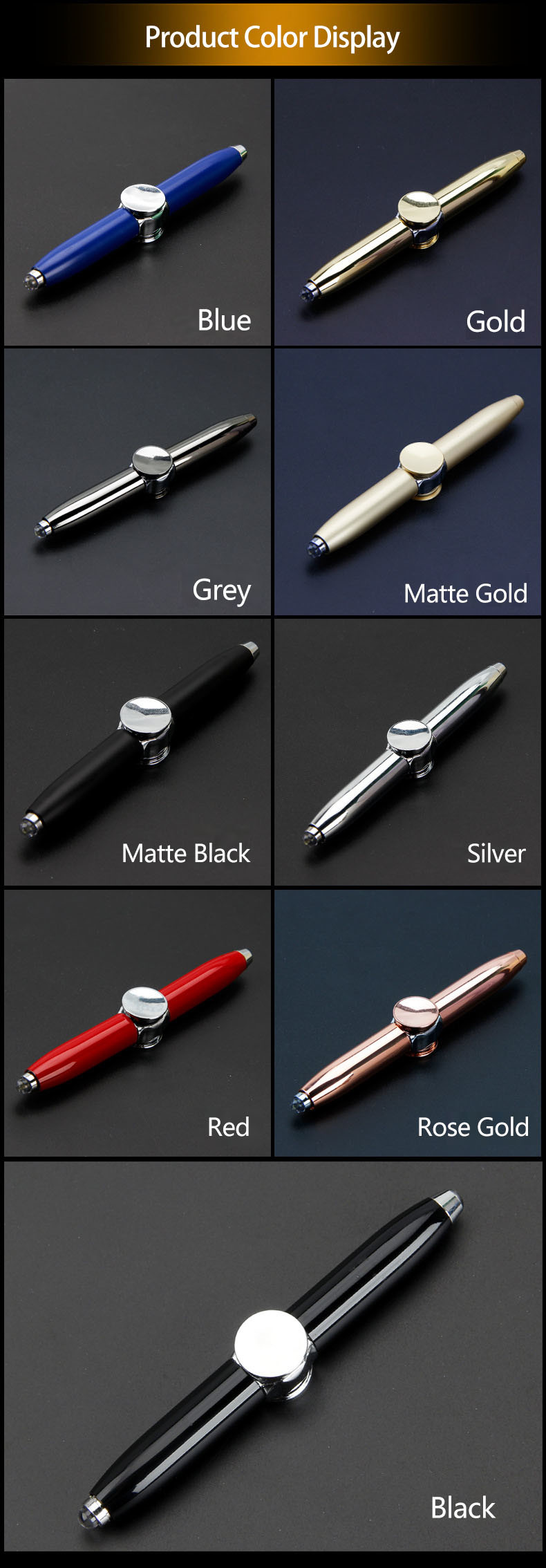 Metal 3 In 1 Ballpoint Pen Multifunction LED Fidget Spinner Finger Gyro Rotating