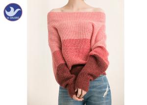 China Sexy Off Shoulder Womens Knit Pullover Sweater , Pink Stripes Winter Knitted Jumpers wholesale