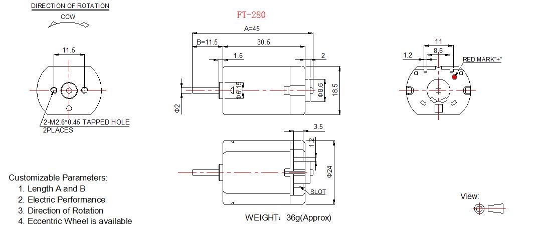 FT-280 12v Automobile Dc Motor 24mm Diameter With Female Terminal RoHS Approved