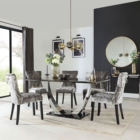 Stainless Steel Silver Black Marble Top Dining Table Set Luxury Modern Dining Tables 150X90X75