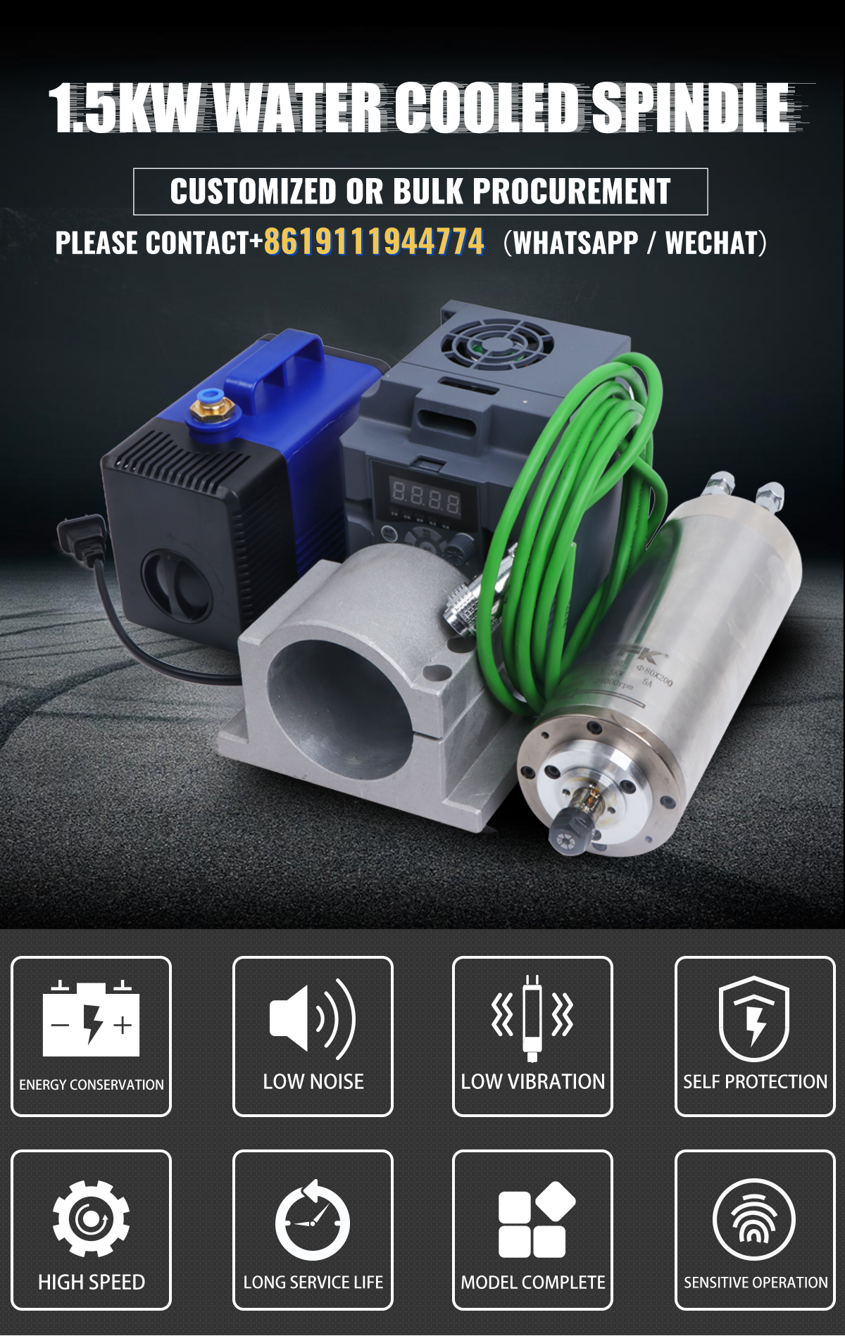 GDZ-80-1.5L Water Cooling CNC Spindle Motor 220v 380v Diameter 80mm ER11 Collect Kit