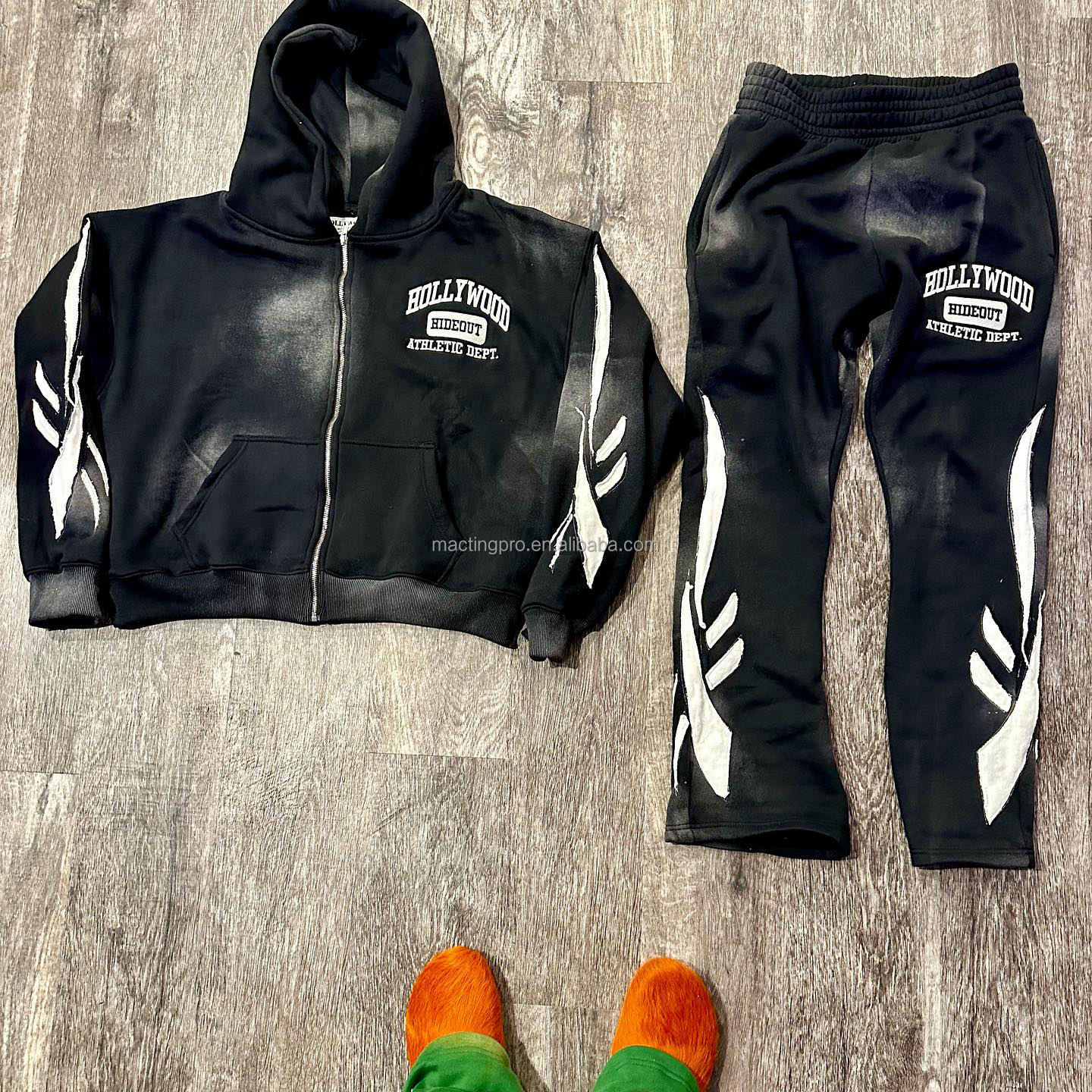 Gender-Neutral Men's Acid Wash Zipper Tracksuit 2 Piece Set with Hoodies and Sweatpants
