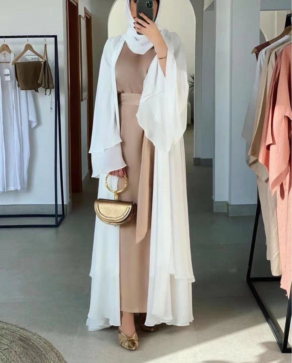 Solid Color Cardigan Soft Elegant Big Size Muslim Long Skirt Chiffon Clothes