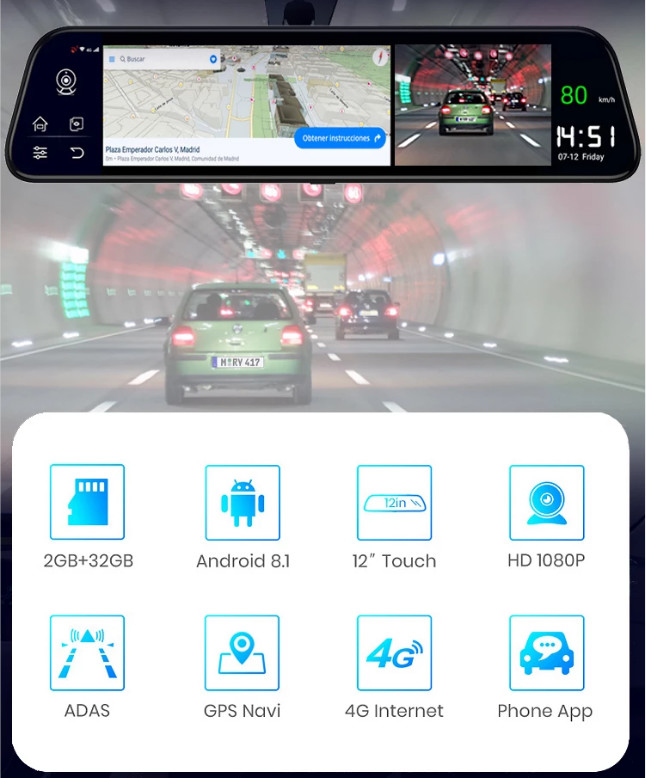4G ADAS Android GPS Navigation Vehicle Car Camcorder FHD 1080p DVR 12inch