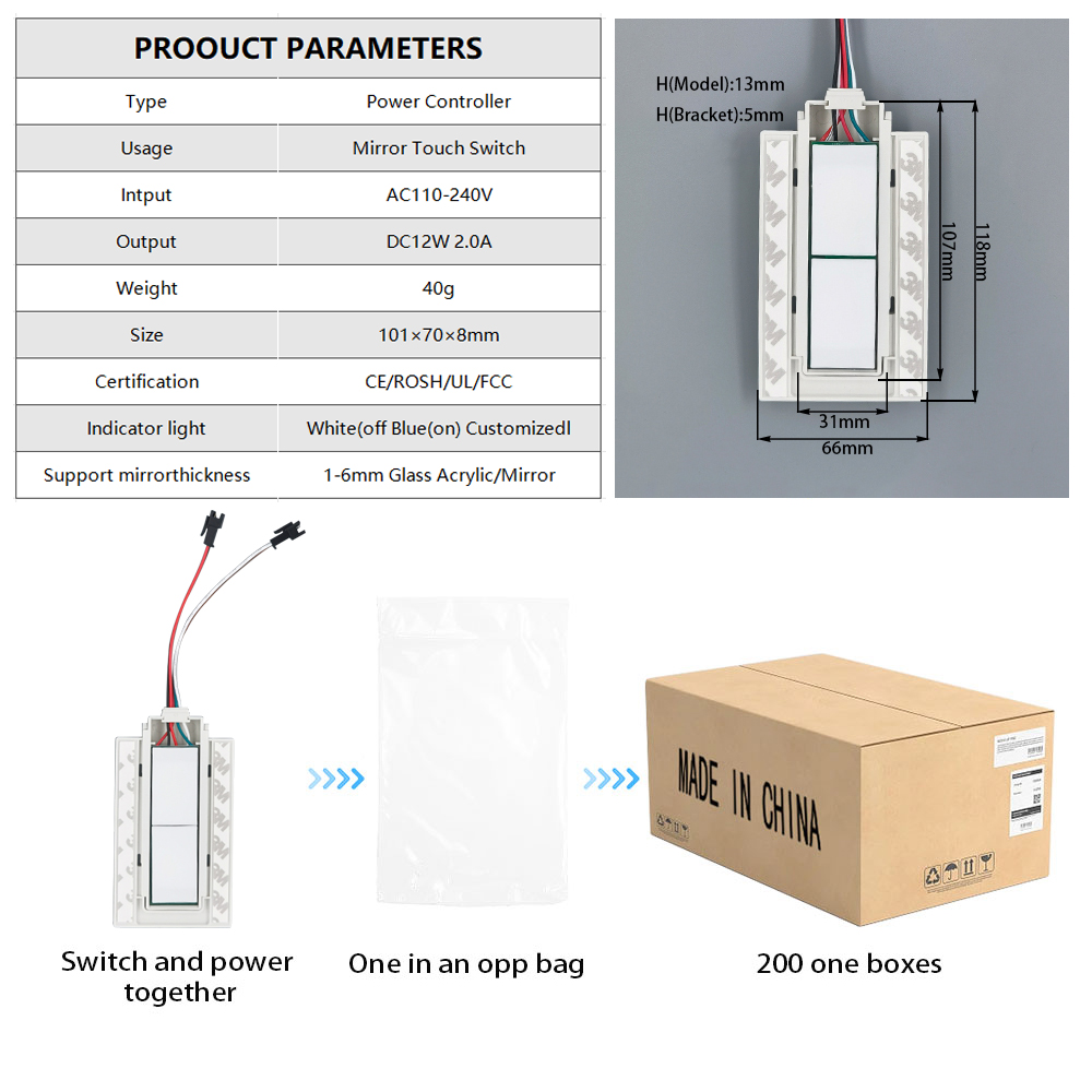 SL 12v Split Two Buttons Three Colors LED Smart Defogger Touch Switch Sensor 11.8cm*6.6cm*1.3cm