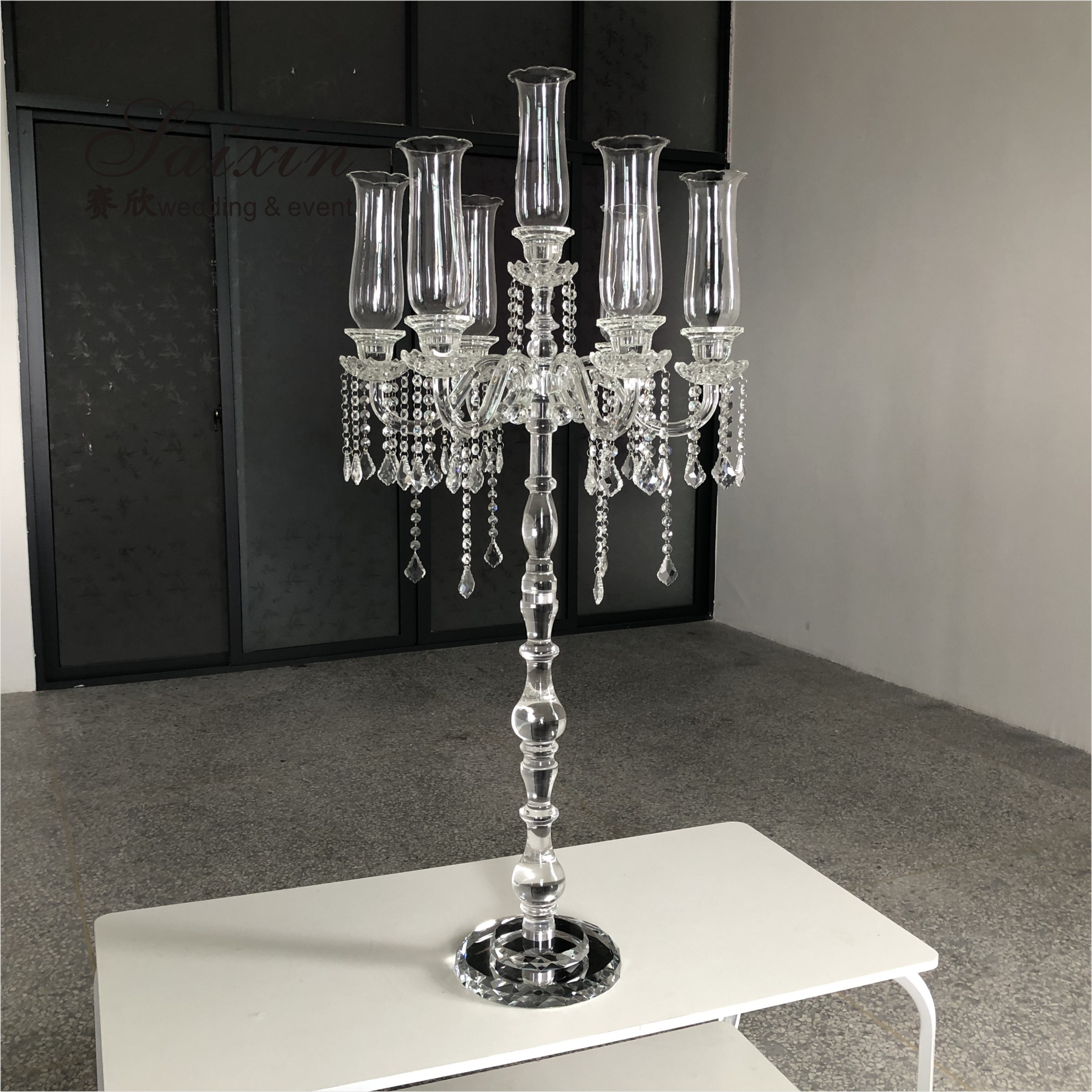Hot custom wedding decoration centerpieces long stem 7 arms crystal candle holder
