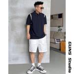 Summer men's lapel polo shirt spell color short sleeve loose casual T-shirt