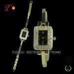 Diamond inset case and metal band slim stone quartz watch for ladies
