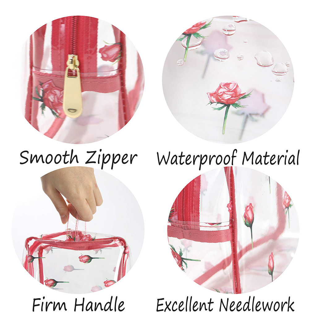 Zippered Rose Pattern Transparent PVC Toiletry Bag For Travel