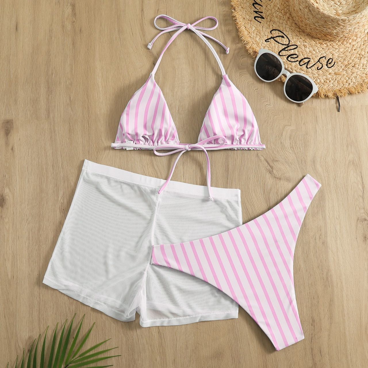 S-Xl Size Nylon Fabric Three Piece Swimwear For Swimming Black Strip Comfortable In Stock Durable Fashion